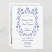 Blue French Wedding Foto qr Code auf der Rückseite Einladung (Vorne/Hinten)