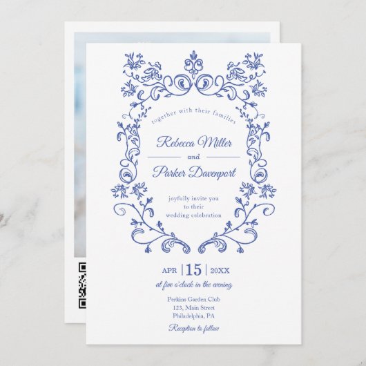 Blue French Wedding Foto qr Code auf der Rückseite Einladung (Vorne/Hinten)