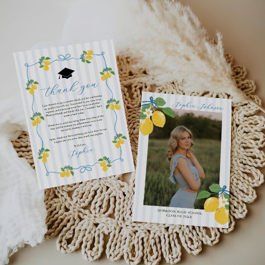 Blue Freshly Lemon Citrus Graduation Party Dankeskarte