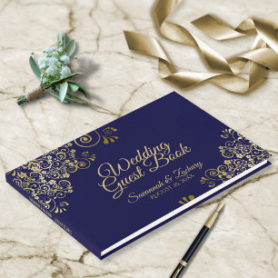Blue Frilly Filigree Hochzeit Gold & Navy Gästebuch