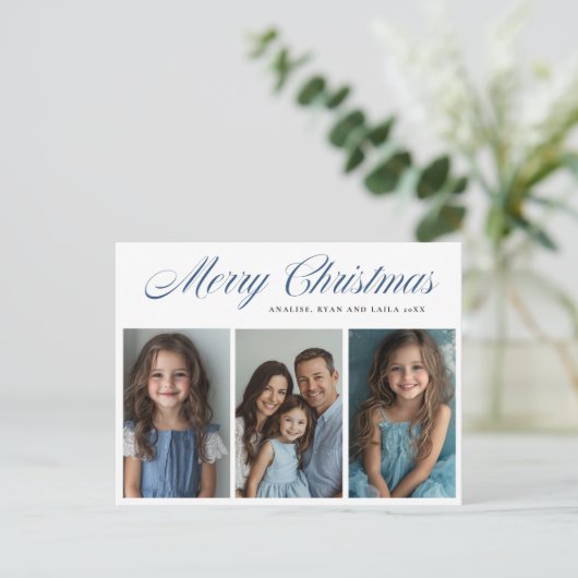Blue Frohe Weihnachten Drei Foto Design (Stehend Vorderseite)