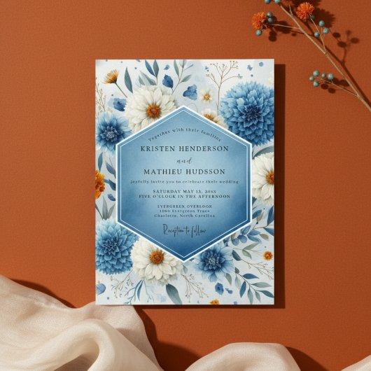 Blue Frosted Botanical Romance Wedding Einladung