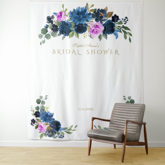 Blue Fuchsia Floral Brautparty Foto Booth Prop Wandteppich (Beispiel)