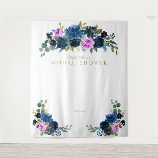 Blue Fuchsia Floral Brautparty Foto Booth Prop Wandteppich (Vorderseite)