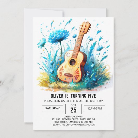Blue Fun Guitar Boy Birthday Einladung (Vorderseite)