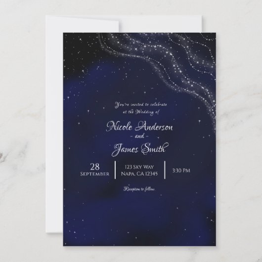 Blue Funkelnd Starry Night Sky Wedding Einladung (Vorderseite)