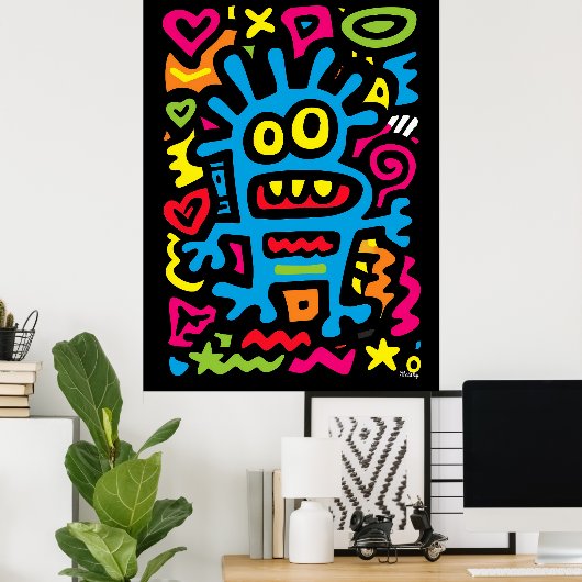 Blue Funky Alien - Neon Pop Art Quirky Monster Poster (Heimbüro)