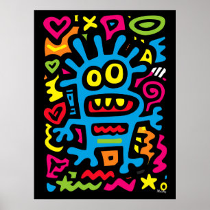 Blue Funky Alien - Neon Pop Art Quirky Monster Poster