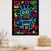 Blue Funky Alien - Neon Pop Art Quirky Monster Poster (Küche)