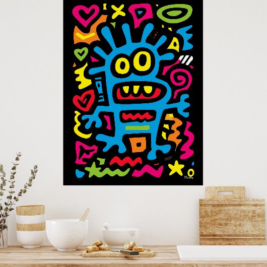 Blue Funky Alien - Neon Pop Art Quirky Monster Poster (Küche)