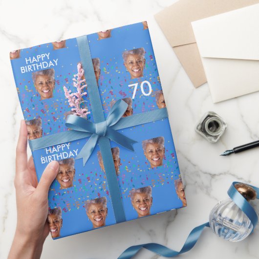 Blue Funny Custom Face Foto 70. Geburtstagsparty Geschenkpapier (Schenken)