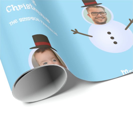 Blue Funny Custom Face Snowman Frohe Weihnachten Geschenkpapier (Rolleneckpunkt)
