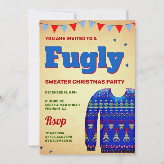 Blue Funny Fugly Ugly Sweater Christmas Party Einladung (Vorderseite)