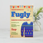 Blue Funny Fugly Ugly Sweater Christmas Party Einladung (Stehend Vorderseite)