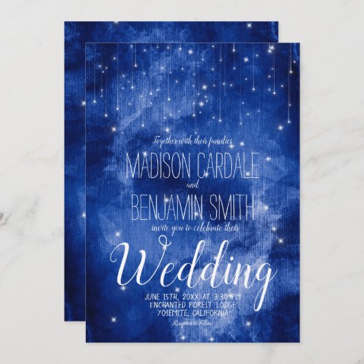 Blue Galaxy Celestial Stars Fairy Lights Hochzeit Einladung (Vorne/Hinten)