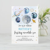 Blue Galaxy First Trip Around The Sun Birthday Einladung (Stehend Vorderseite)