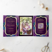 Blue Galaxy Lila Mandala QR Code Indian Wedding Dreifach Gefaltete Einladung (Innenseite)