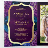 Blue Galaxy Lila Mandala QR Code Indian Wedding Dreifach Gefaltete Einladung (Innen Erste Seite)