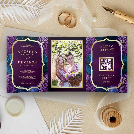 Blue Galaxy Lila Mandala QR Code Indian Wedding Dreifach Gefaltete Einladung