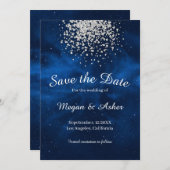 Blue Galaxy Night Sky mit Silver Confetti Save The Date (Vorne/Hinten)