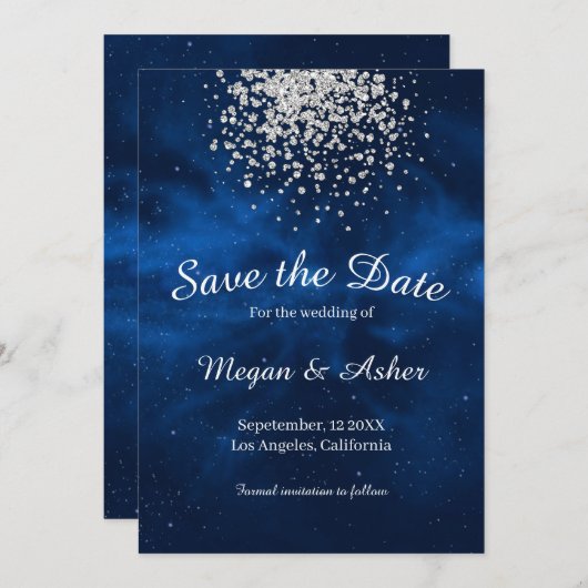 Blue Galaxy Night Sky mit Silver Confetti Save The Date (Vorne/Hinten)