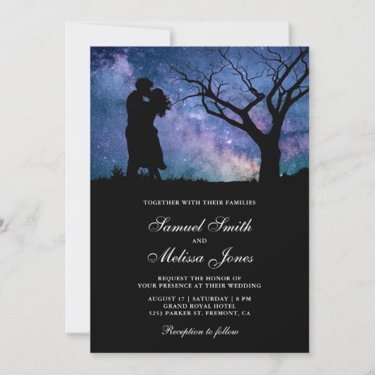 Blue Galaxy Romantic Couple Silhouette Hochzeit Einladung (Vorderseite)