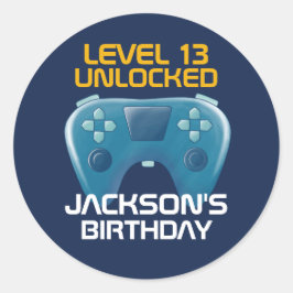 Blue Gamer Boy Gaming Level Uncked Birthday Runder Aufkleber