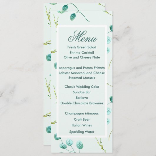 Blue Garden Watercolor Stiems Wedding Menu Menükarte (Vorne/Hinten)