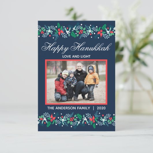 Blue Garland Hanukkah - 3x5 Flat Card Dankeskarte (Stehend Vorderseite)