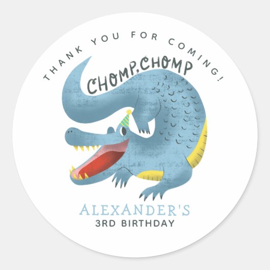 Blue Gator Thema Birthday Party Danke für Ihre Unt Runder Aufkleber (Vorderseite)