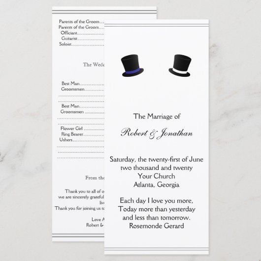 Blue Gay Wedding Program für Top Hats und Bow Kraw Programm (Vorne/Hinten)