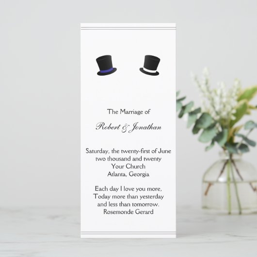 Blue Gay Wedding Program für Top Hats und Bow Kraw Programm (Stehend Vorderseite)