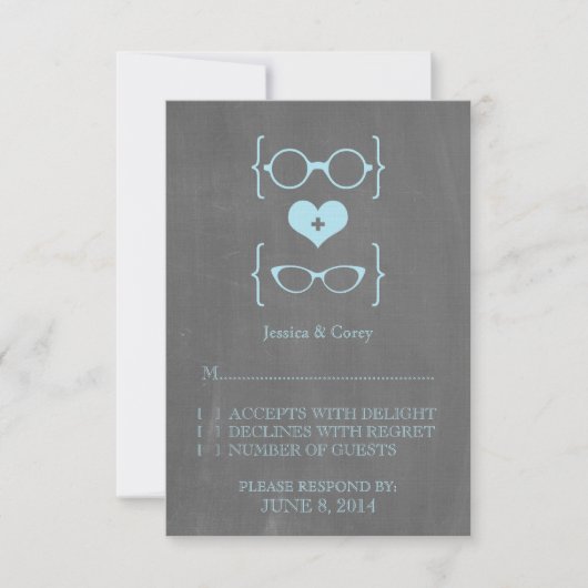 Blue Geeky Glasses Chalkboard Response Card RSVP Karte (Vorderseite)