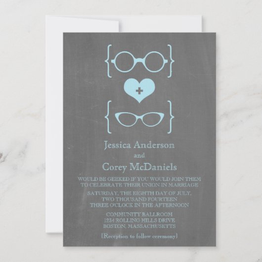 Blue Geeky Glasses Chalkboard Wedding Einladung (Vorderseite)