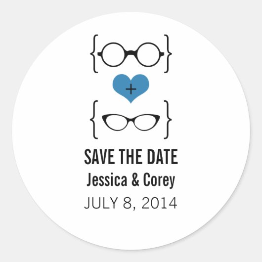 Blue Geeky Glasses Save the Date Stickers (Vorderseite)