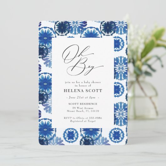 Blue Gefärbte Krawatte Festival Baby Dusche Einladung (Stehend Vorderseite)