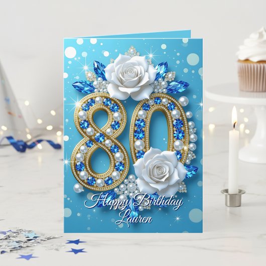 Blue Gems & Gold Pearl 80. Geburtstag Gruß Karte