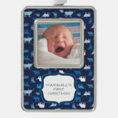 Blue Gemustert Longhorns Muster Foto Weihnachten O Rahmen-Ornament Silber (Vorderseite)