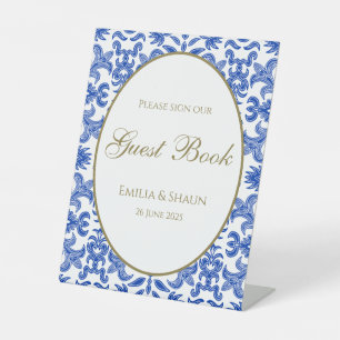Blue Gemustert Wedding Guestbook Sign Sockelschild
