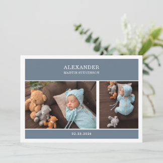 Blue Gender Neutral Photo Baby Announcement Card Einladung