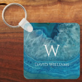 Blue Geode Agate Monogram Modern Name & Initial Schlüsselanhänger (Vorderseite)