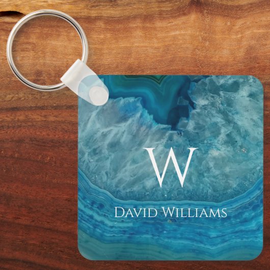 Blue Geode Agate Monogram Modern Name & Initial Schlüsselanhänger (Vorderseite)