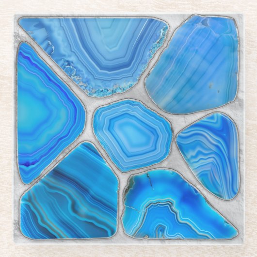 Blue Geode Agate Mosaik Blume art Glasuntersetzer (Vorderseite)