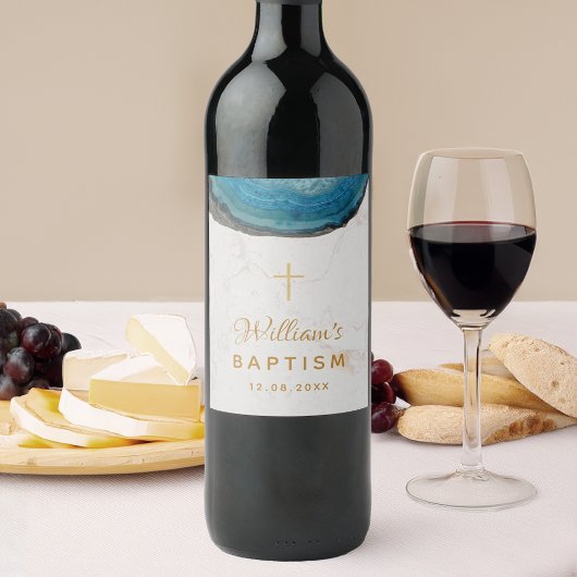 Blue Geode Boy Taufe Marble Gold Cross Agate Weinetikett