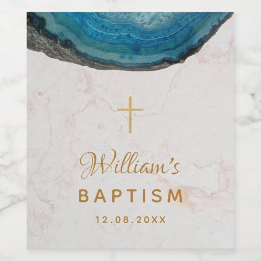 Blue Geode Boy Taufe Marble Gold Cross Agate Weinetikett (Einzelnes Label)