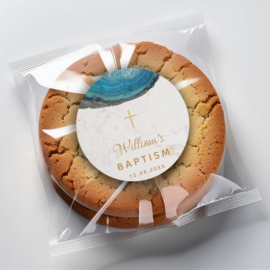 Blue Geode Boy Taufe Weiße Marmorgoldkreuz Runder Aufkleber