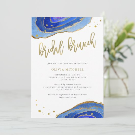 Blue Geode mit Gold| Brunch Einladung (Stehend Vorderseite)