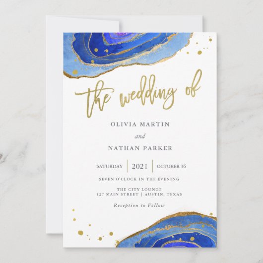 Blue Geode mit Gold| Hochzeit Einladung (Vorderseite)