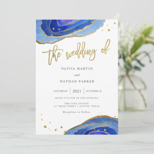 Blue Geode mit Gold| Hochzeit Einladung (Stehend Vorderseite)