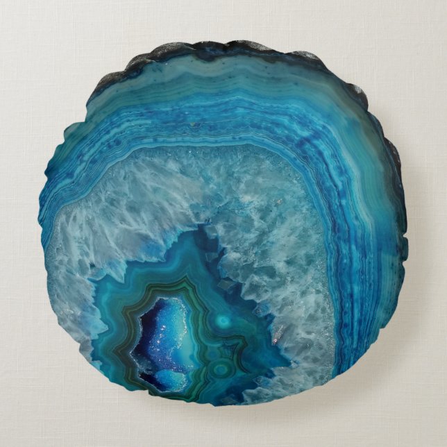 Blue Geode Rock Mineral Agate Crystal Image Rundes Kissen (Vorderseite)
